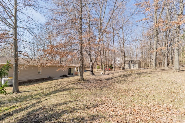 view of yard with a storage shed and an outdoor structure