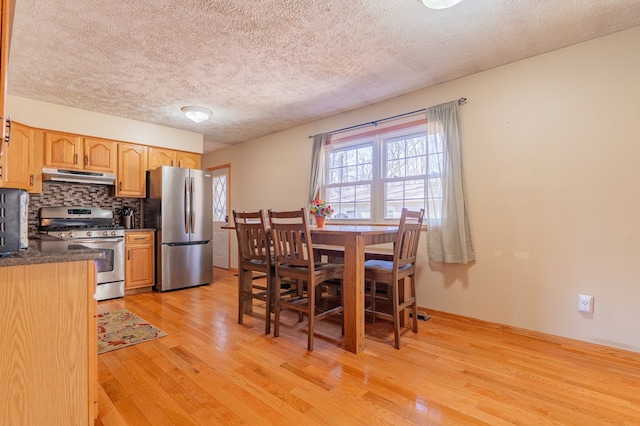 dining room featuring light wood-type flooring, baseboards, and a textured ceiling