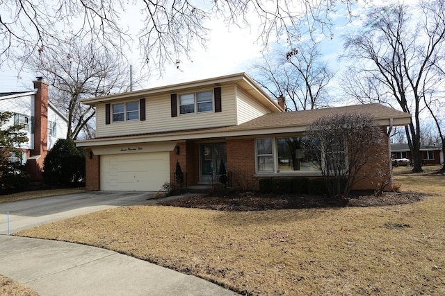 traditional-style house with driveway, roof with shingles, an attached garage, brick siding, and a chimney