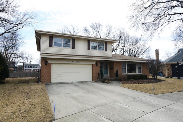 view of front of property with brick siding, an attached garage, concrete driveway, and fence