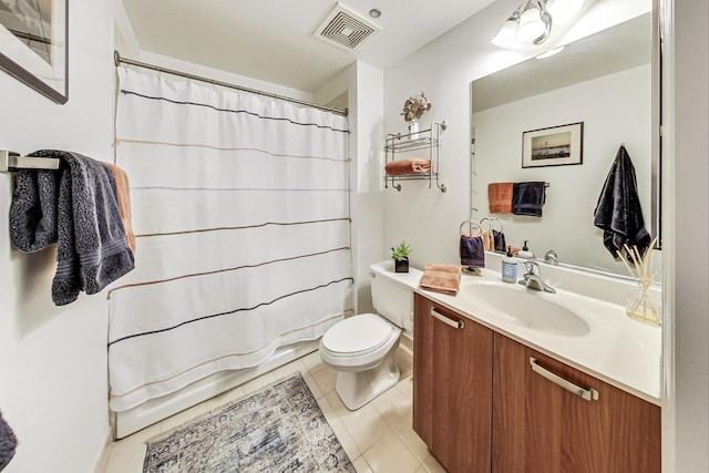 bathroom featuring tile patterned floors, visible vents, toilet, curtained shower, and vanity