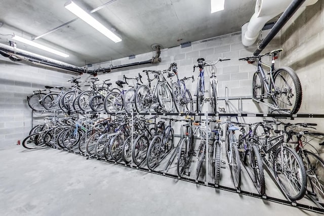 garage featuring concrete block wall and bike storage