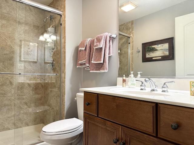full bathroom featuring toilet, a stall shower, and vanity