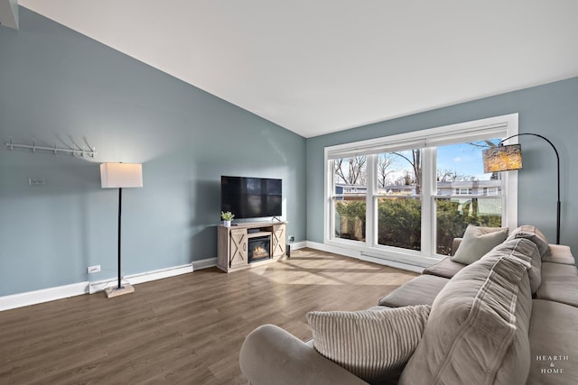 living room with a glass covered fireplace, baseboards, wood finished floors, and vaulted ceiling