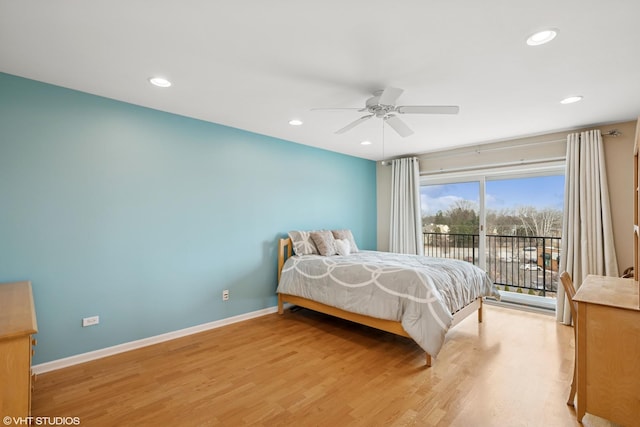 bedroom featuring recessed lighting, baseboards, light wood-style floors, and access to outside