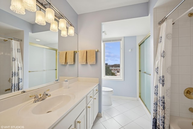 full bath with tile patterned floors, toilet, shower / bath combination with curtain, baseboards, and vanity