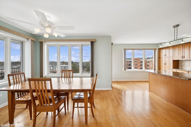 dining space featuring a wealth of natural light, baseboards, and light wood finished floors