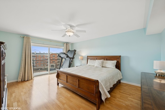 bedroom featuring access to exterior, baseboards, light wood finished floors, and ceiling fan