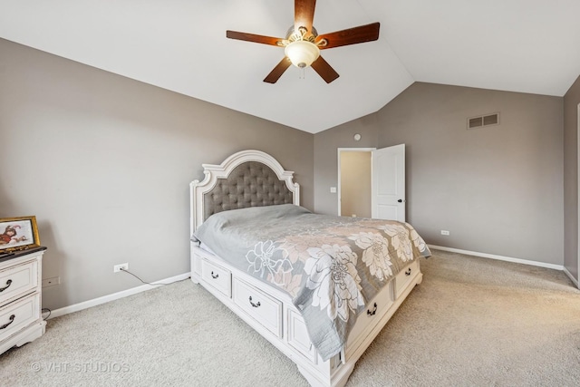 bedroom featuring light carpet, baseboards, visible vents, ceiling fan, and vaulted ceiling