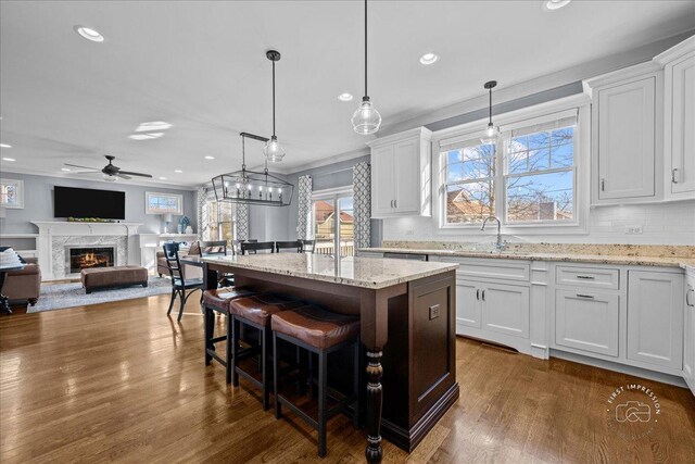 kitchen with white cabinetry, dark wood finished floors, a high end fireplace, and a sink