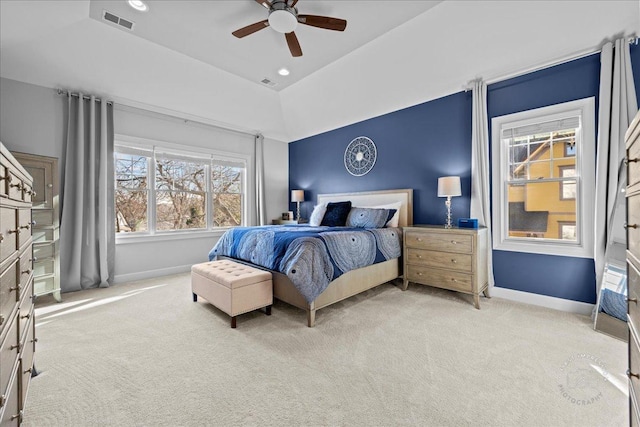 carpeted bedroom featuring recessed lighting, visible vents, baseboards, and a ceiling fan