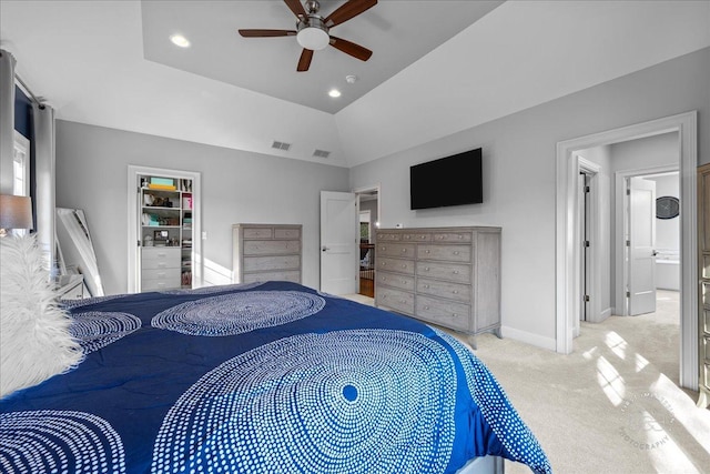 carpeted bedroom with recessed lighting, baseboards, visible vents, and ceiling fan