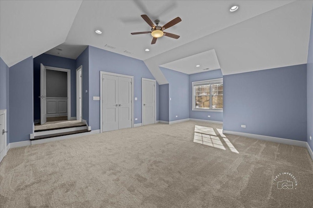 bonus room featuring recessed lighting, baseboards, carpet floors, and lofted ceiling