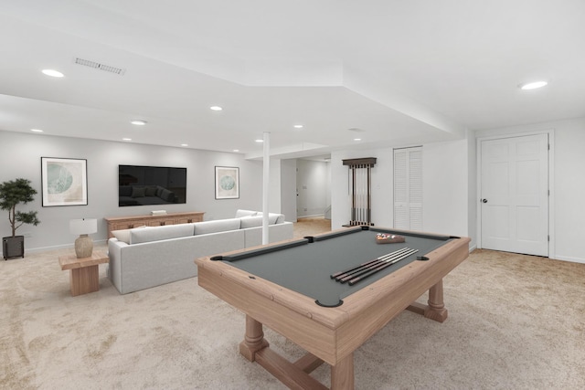 recreation room featuring recessed lighting, visible vents, and carpet