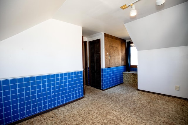 additional living space with carpet floors, a wainscoted wall, and vaulted ceiling