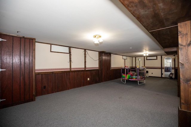 recreation room with a wainscoted wall, carpet flooring, and wooden walls