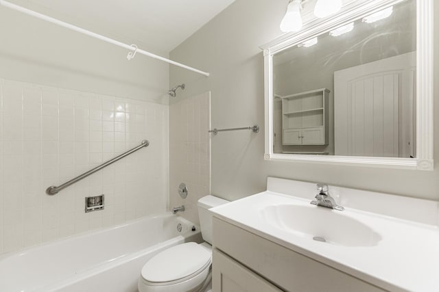 full bath featuring shower / bathing tub combination, toilet, and vanity