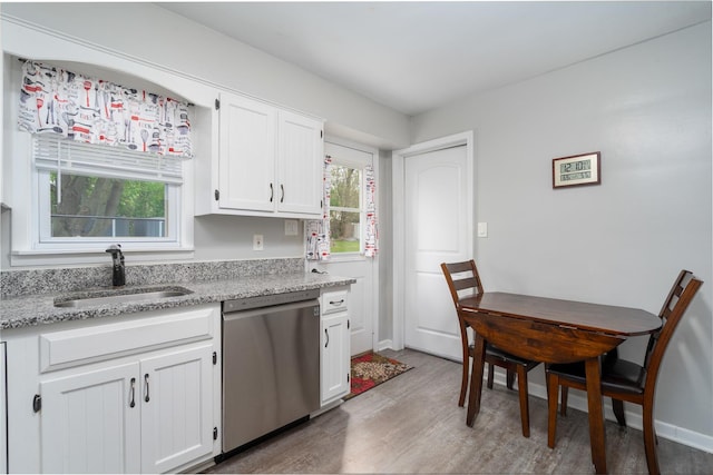 kitchen featuring dishwasher, a sink, wood finished floors, and healthy amount of natural light