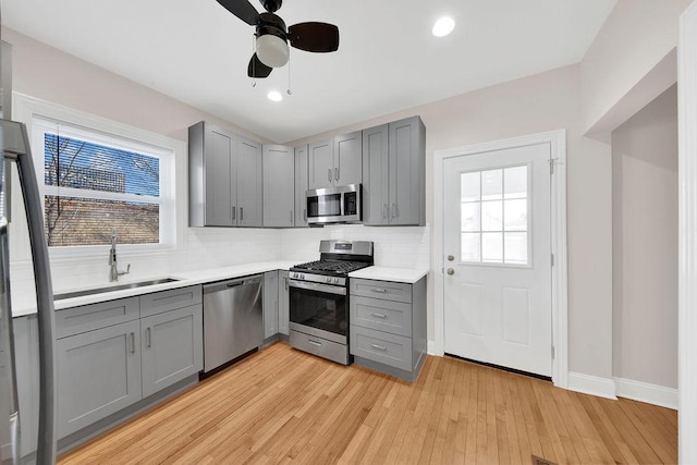 kitchen featuring light wood-style flooring, appliances with stainless steel finishes, a sink, gray cabinets, and backsplash