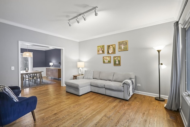 living room with baseboards, wood finished floors, rail lighting, and crown molding