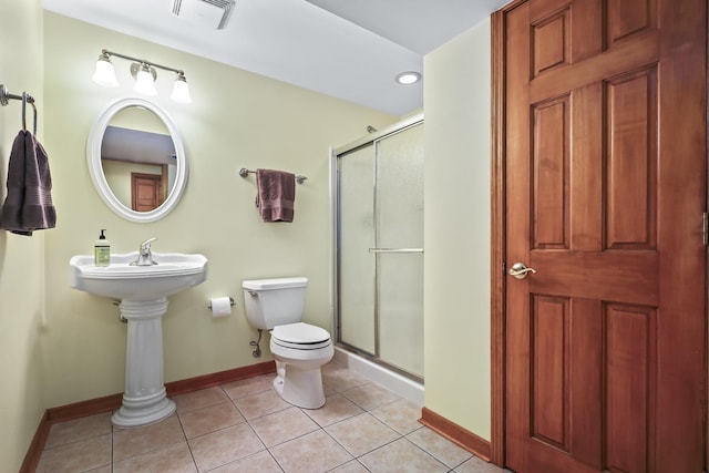 bathroom with toilet, a shower stall, visible vents, and tile patterned floors