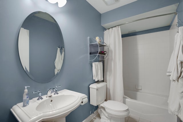 full bathroom featuring visible vents, a sink, toilet, tile patterned floors, and shower / bathtub combination with curtain