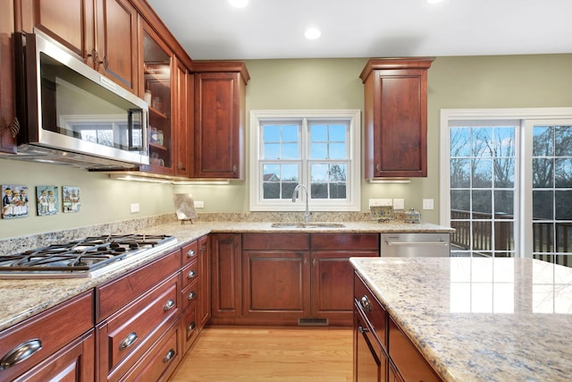 kitchen with a wealth of natural light, light wood-style flooring, appliances with stainless steel finishes, and a sink