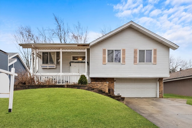 view of front of home with a porch, an attached garage, brick siding, driveway, and a front yard