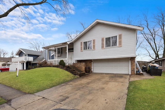 split level home featuring an attached garage, a front lawn, concrete driveway, and brick siding