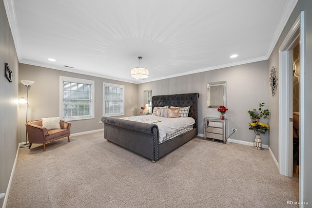 bedroom with carpet, baseboards, and ornamental molding