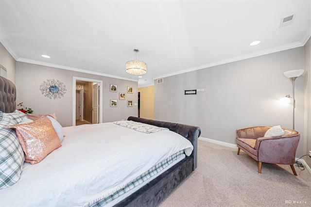 bedroom featuring visible vents, baseboards, light colored carpet, and ornamental molding