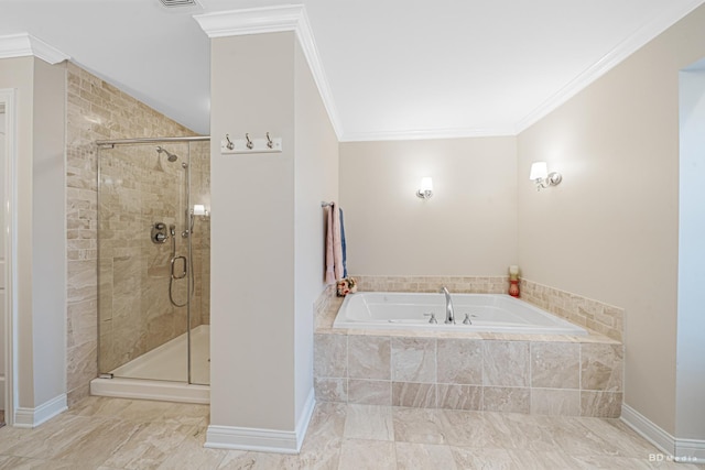 full bathroom featuring a stall shower, baseboards, a bath, and crown molding