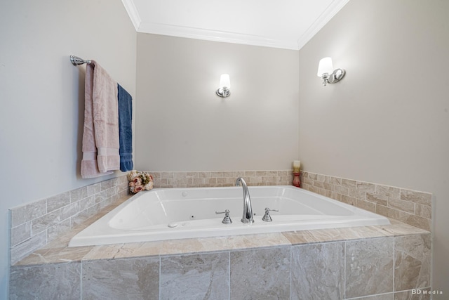 bathroom featuring a jetted tub and ornamental molding