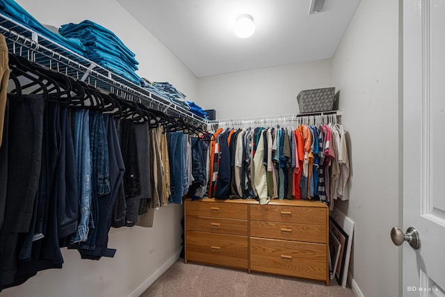 walk in closet featuring visible vents and light carpet