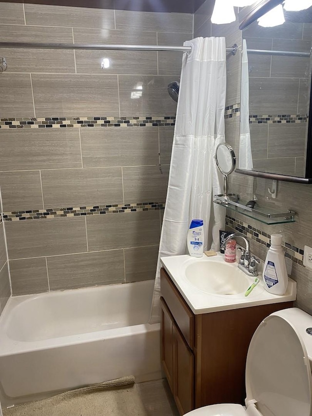 3300 N Osage Ave, Chicago, IL 60634 - full bath with toilet, vanity, shower / bath combination with curtain, and decorative backsplash