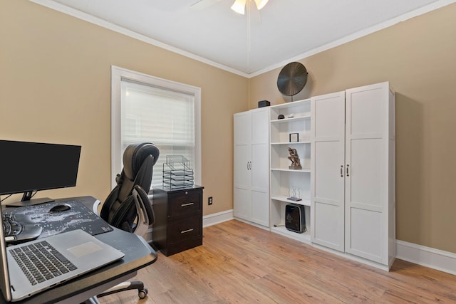 office area with light wood-style flooring, baseboards, and ornamental molding