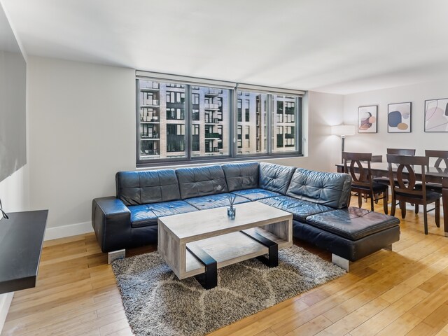 living area with baseboards and light wood-type flooring