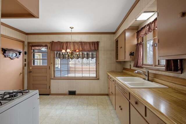 11040 W Cleveland Rd, Mokena, IL 60448 - kitchen with crown molding, a sink, light countertops, a chandelier, and baseboards