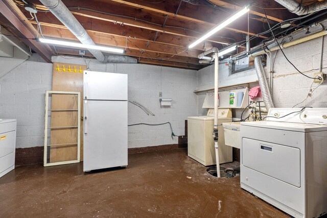 11040 W Cleveland Rd, Mokena, IL 60448 - unfinished below grade area with washer and dryer and freestanding refrigerator