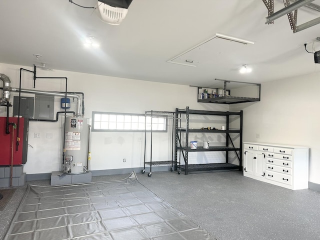 garage featuring water heater and a garage door opener