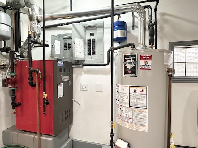 utility room featuring electric panel and gas water heater