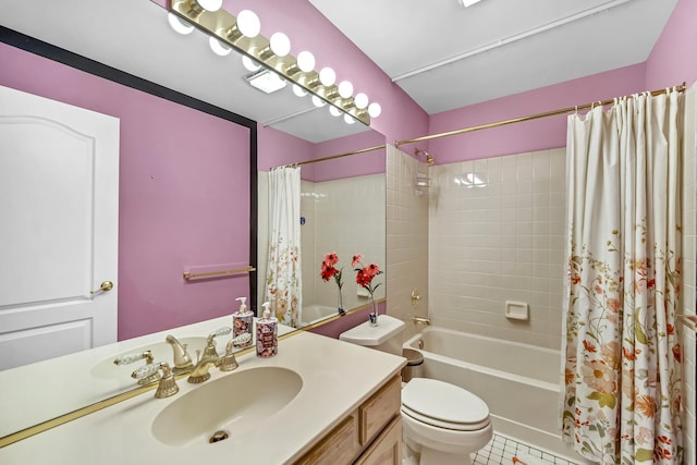 full bath featuring toilet, tile patterned floors, shower / bath combo, and vanity