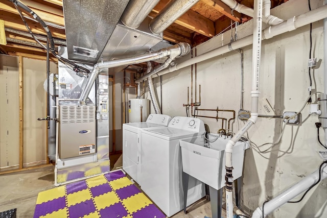 laundry room with heating unit, a sink, laundry area, water heater, and washer and clothes dryer