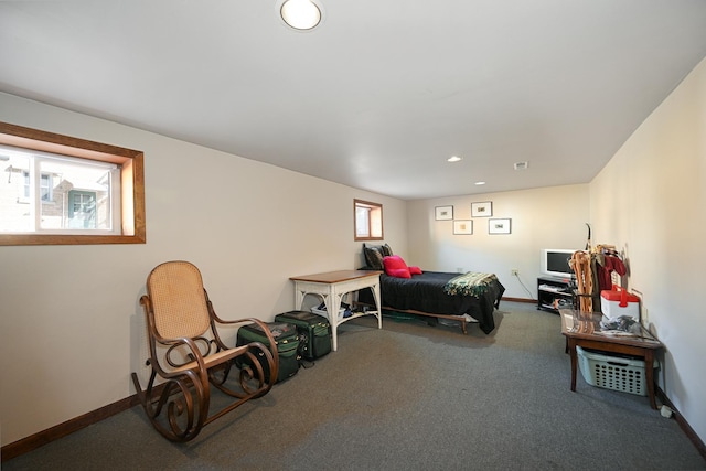 bedroom featuring recessed lighting, baseboards, and carpet floors