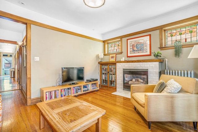 living area featuring radiator, baseboards, a fireplace, and hardwood / wood-style floors