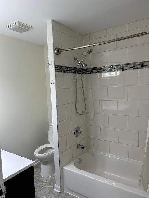 full bathroom featuring shower / bath combination with curtain, visible vents, vanity, and toilet