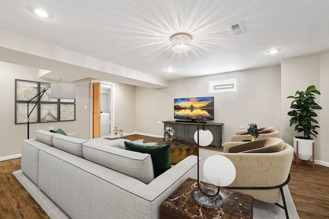 living room with recessed lighting, wood finished floors, visible vents, and baseboards