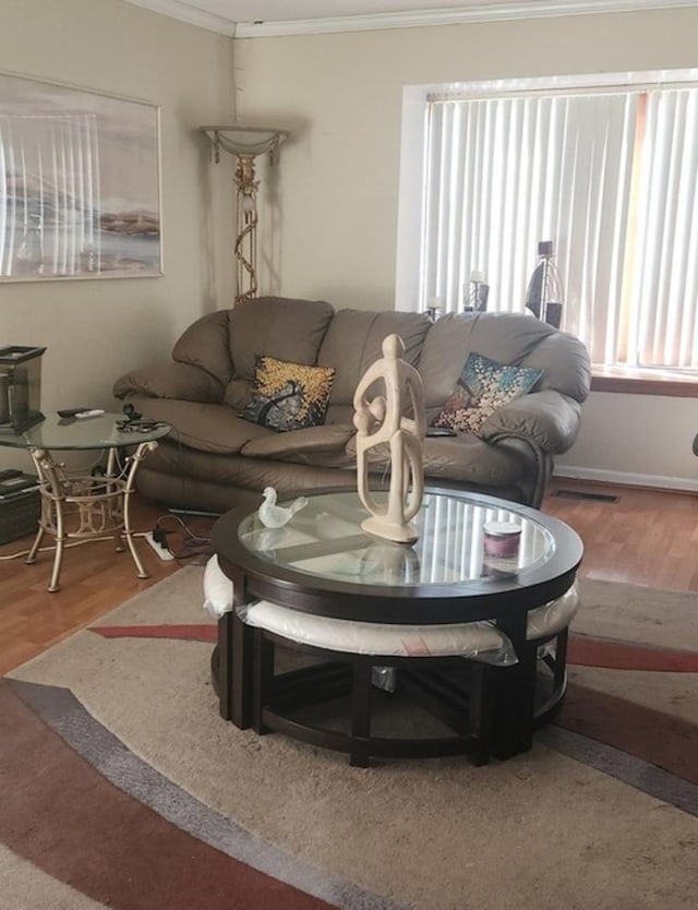 living room with crown molding and wood finished floors