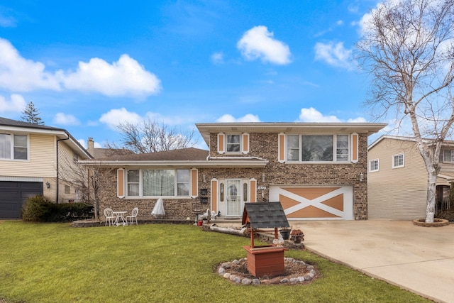 tri-level home with a garage, driveway, brick siding, and a front yard