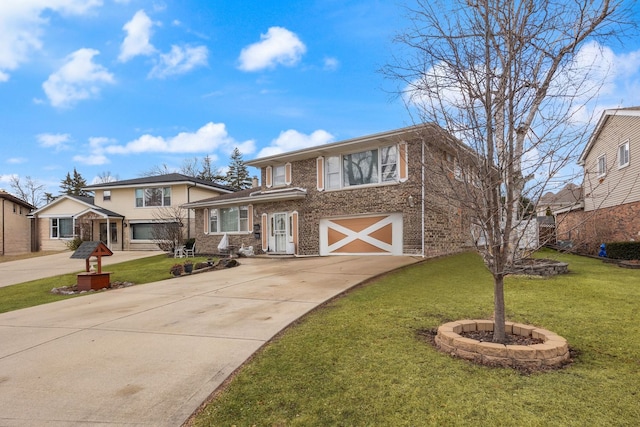 split level home with an attached garage, brick siding, driveway, and a front lawn